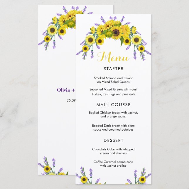 Menu Elegante Girassol e Lavanda Festa de Casamento Flo (Frente/Verso)