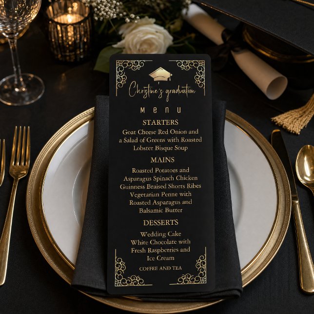 Menu Elegante Graduação com Folha Dourada Preta (#menuinvitation #graduationcap #graduationinvitation #graduationparty #blackgoldinvitation)