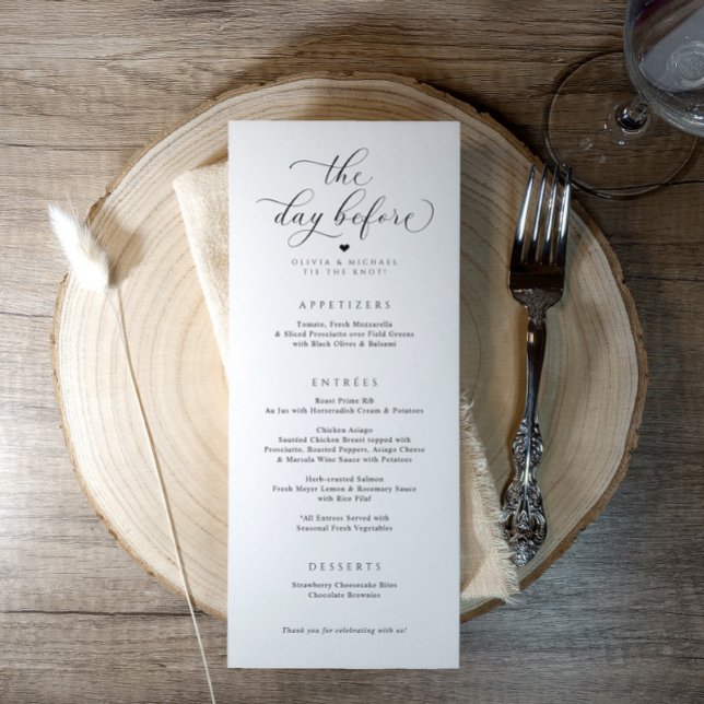Menu Elegante Jantar da Véspera do Ensaio de Casamento (Elegant “The Day Before” rehearsal dinner menu with swirly script and modern typography.)