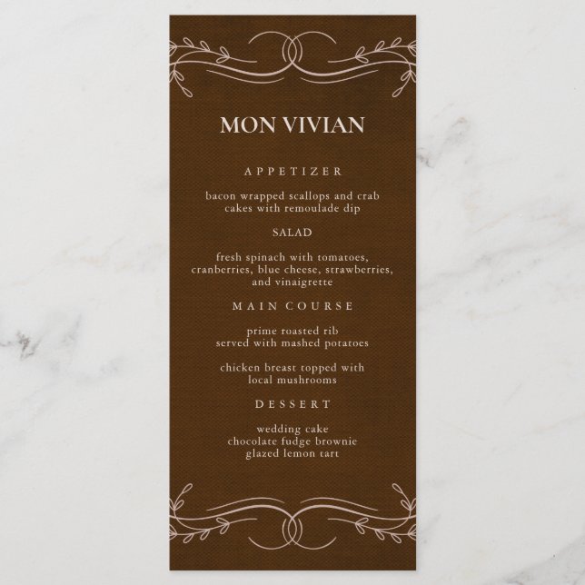 Menu Elegante Linen Espresso Brown Janto de Nome de Con (Frente)