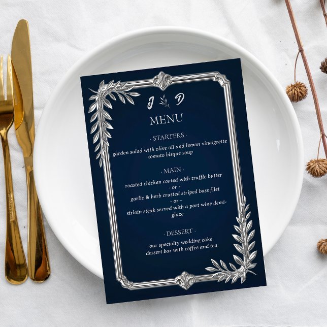 Menu Elegante Luxo Casamento Azul Marinho e Prata (Criador carregado)