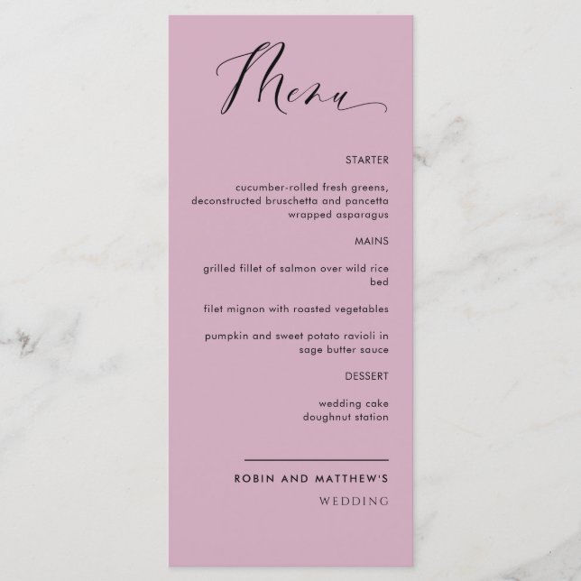 Menu Elegante Mauve, Casamento Calliográfico / Recepção (Frente)