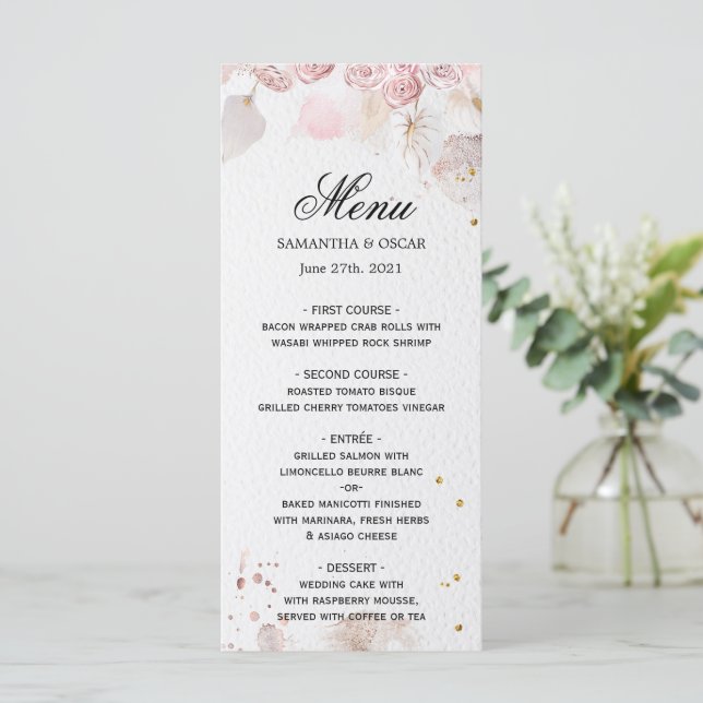Menu Elegante Moldura Floral Rosa Pastel Chique (Em pé/Frente)