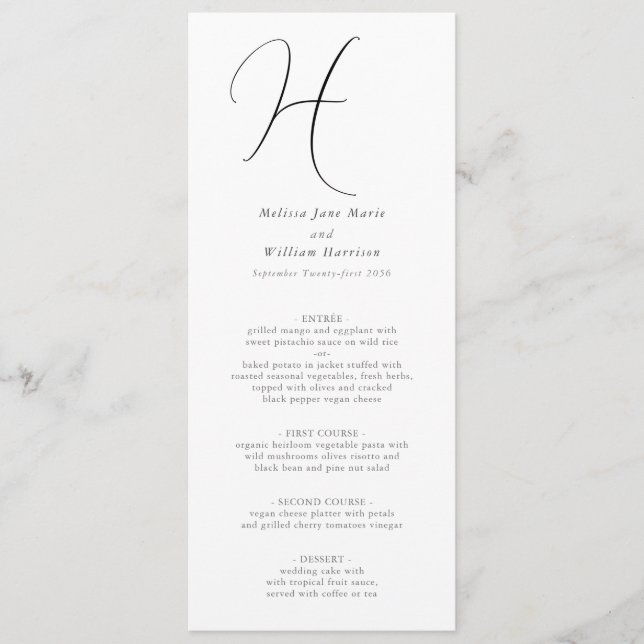 Menu Elegante Monograma Chic Clássico Preto Branco Casa (Frente)