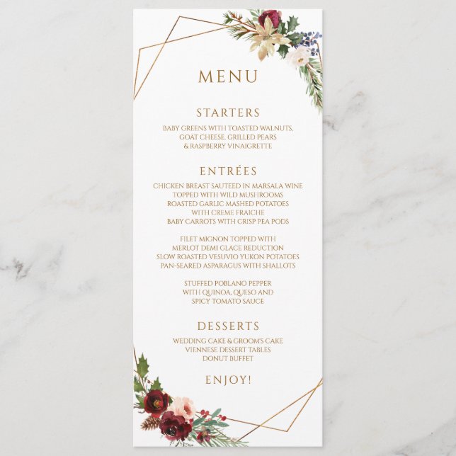 Menu Elegante Natal Inverno Casamento Borgonha Dourado (Frente)