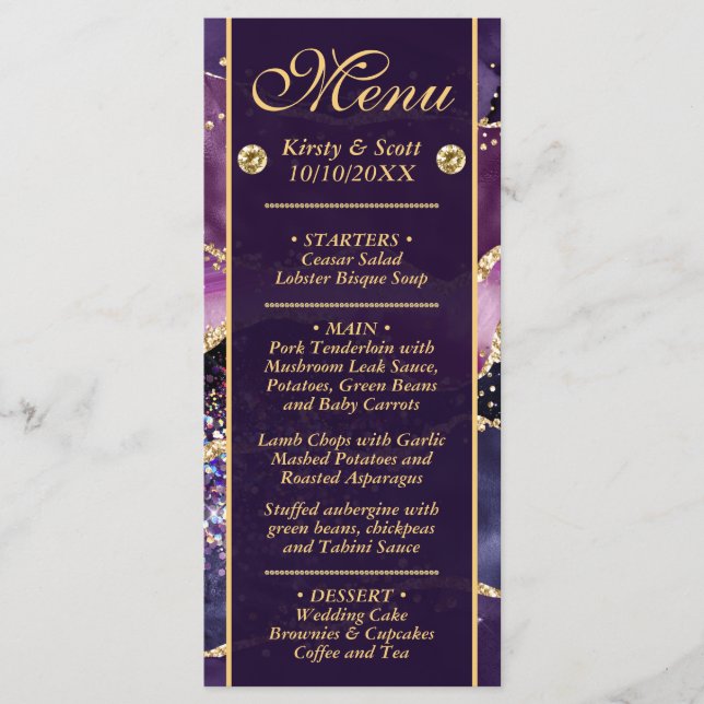 Menu Elegante Noiva Ágata Mármore Glitter Roxo Dourado (Frente)