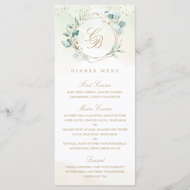 Menu Elegante Noiva Geométrica Dourada com Verde de Euc (Frente)