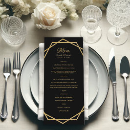 Menu Elegante Ouro em Preto Moderno Geométrico Casament