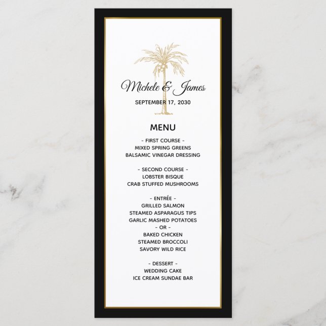 Menu Elegante Palmeira Dourada Casamento Moderno (Frente)