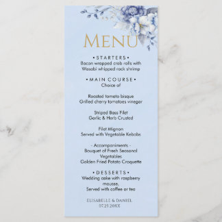 Menu Elegante Pó Azul Floral Jantar de Casamento