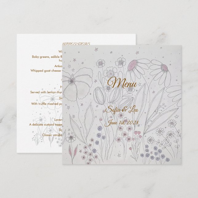 Menu Elegante Praça de Casamento com Campo de Flores Si (Frente/Verso)
