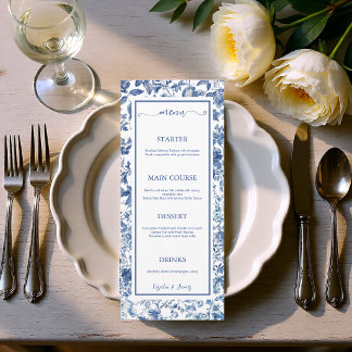 Menu Elegante Recepção de Casamento Floral Toile Azul E