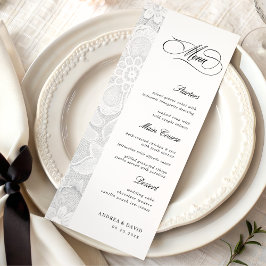 Menu Elegante Renda Clássico Casamento Preto e Branco V