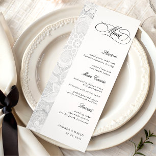 Menu Elegante Renda Clássico Casamento Preto e Branco V