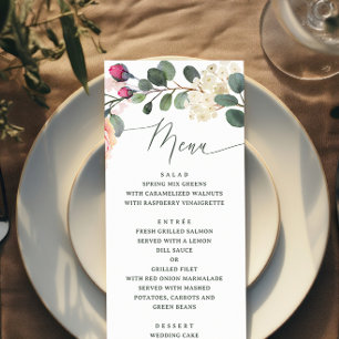 Menu Elegante Rosa de Aquarela e Greenery. Floral Weddi