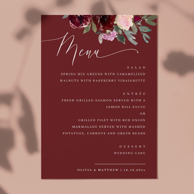 Menu Elegante rosa de marrom vermelho. Casamento floral (Criador carregado)