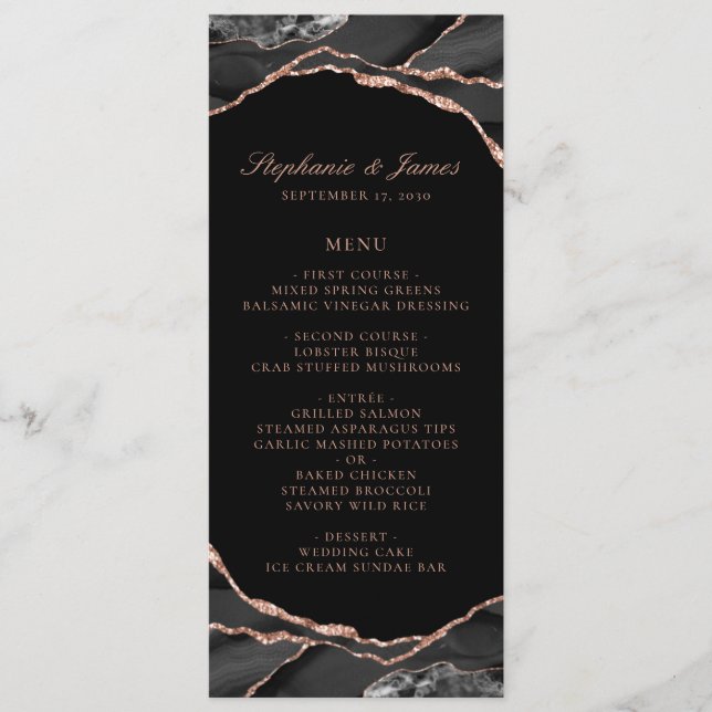 Menu Elegante Rosa Negra Dourada Folha de Ágata Casamen (Frente)