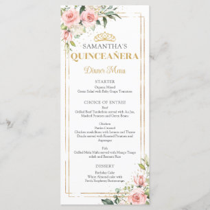 Menu Elegante rosas cor-de-rosa dourada tiara Quinceane