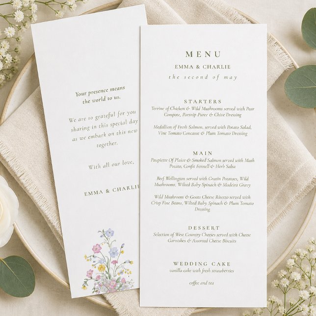 Menu Elegante Roteiro Verde Casamento Dupla Face  (Elegant Green Script Double Side Wedding Menu)
