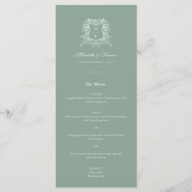 Menu Elegante Sage Green Vintage Crest Obrigado Casamen (Frente)