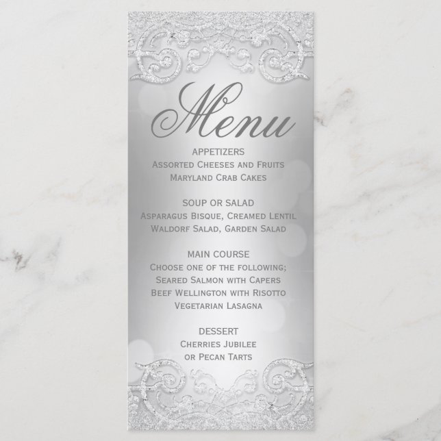 Menu Elegante Silver Faux Glitter (Frente)