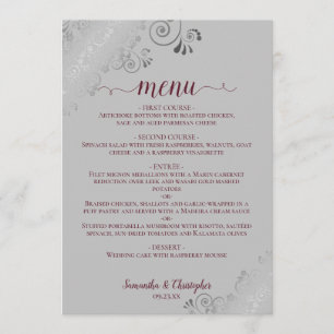 Menu Elegante Silver Lace Burgundy sobre Casamento de C