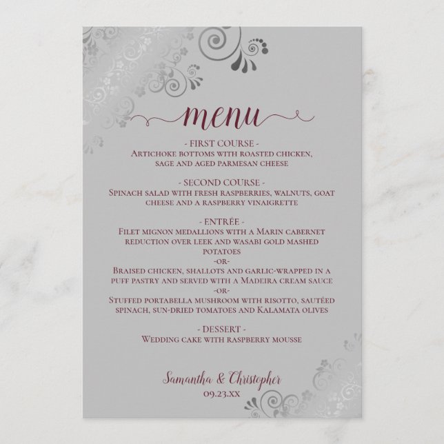 Menu Elegante Silver Lace Burgundy sobre Casamento de C (Frente)