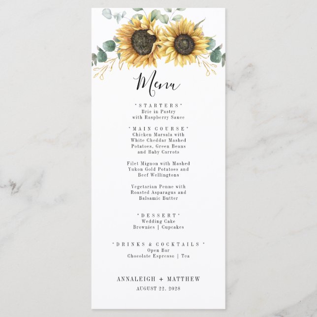 Menu Elegante Sunflower Floral Eucalyptus WedMenu (Frente)