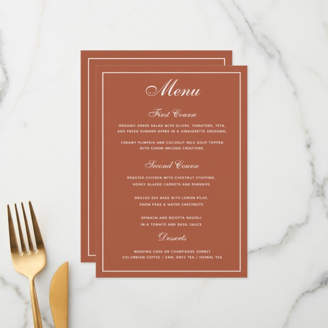Menu Elegante Terracotta White Script WedMenu (Frente/Verso In Situ)