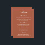 Menu Elegante Terracotta White Script WedMenu<br><div class="desc">Uma maneira elegante de mostrar aos seus convidados as opções do menu. Em teracotta laranja com escrevendo branco. Uma fonte elegante de casamento de script foi combinada com um estilo moderno, com uma fonte de todos os bonés criando um cardápio de casamento na moda, mas amigável. Foi alocado um amplo...</div>