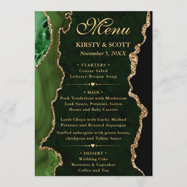 Menu Elegante Verde e Dourado Falso Brilho Ágata Casame (Frente)