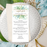 Menu Elegante Verde, Turquesa Cor Verde Azul<br><div class="desc">Aprecie seus convidados com este cartão de menu elegante. Separe o design que apresenta no topo um design único com fundo de aquarela e detalhes de verde numa mistura de turquesa, aqua, azul empoeirado e tons verdes. Detalhes da caligrafia manuscrita e elementos dourados. De volta num tom elegante de turquesa....</div>