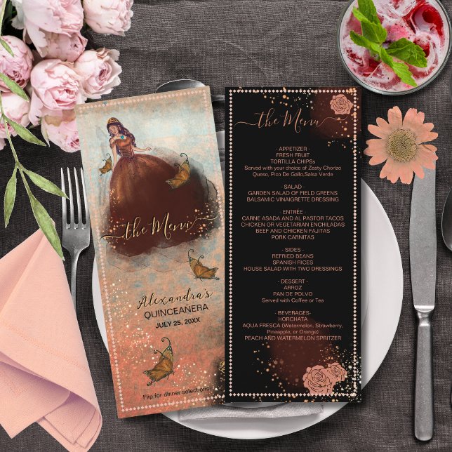 Menu Elegante Vintage Rosa de Cobre Quinceañera (Elegant Vintage Copper Rose Quinceañera Menu)