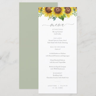 Menu Elegante Watercolor Sunflower WedMenu