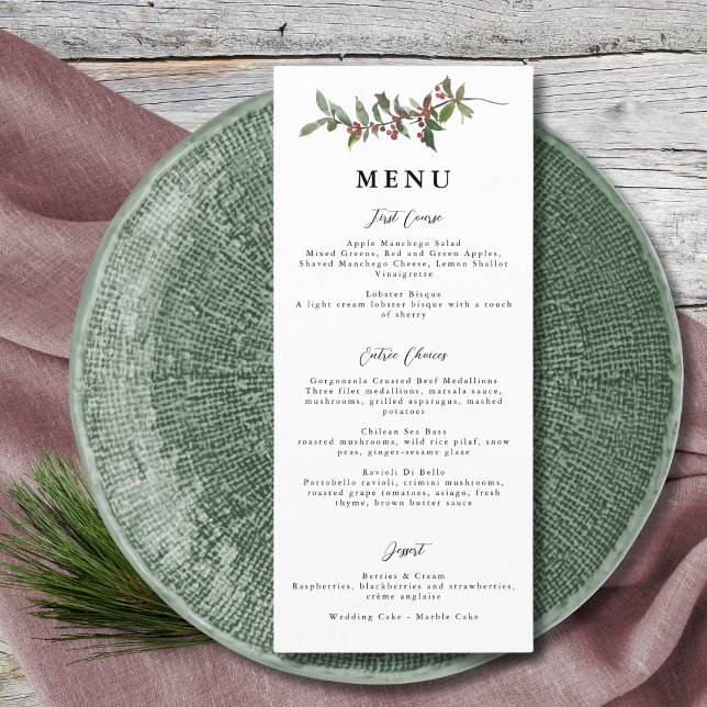 Menu Elegante Winter Berries Red Green Watercolor (Criador carregado)