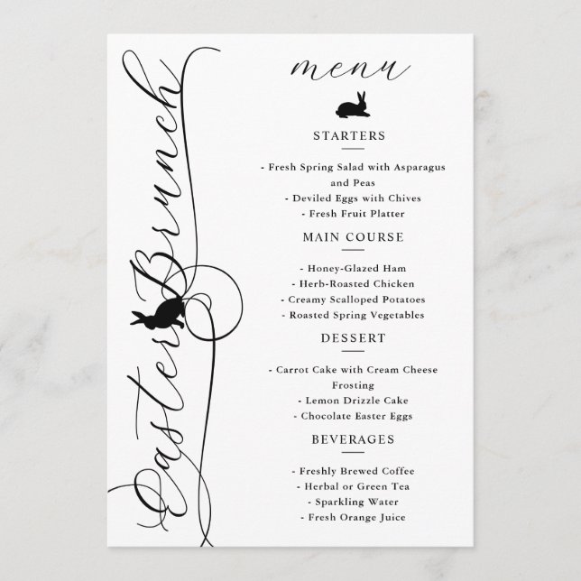Menu Elegantes redemoinhos pretos e coelhinhos Páscoa B (Frente)