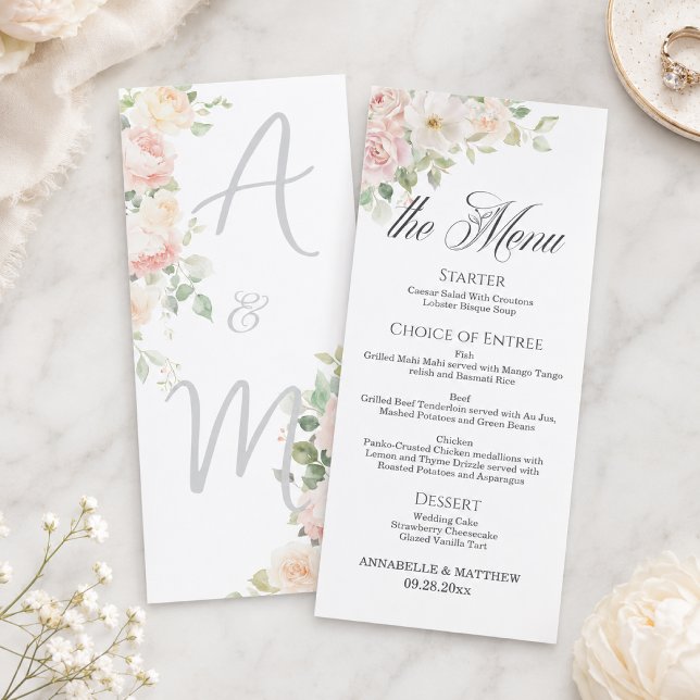 Menu Elegantes Rosas Bege Macio 4x9'' Cardápio de Casam (Criador carregado)
