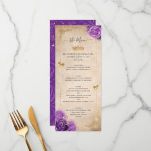 Menu Elegantes Rosas Douradas e Roxas Floral Aquarela