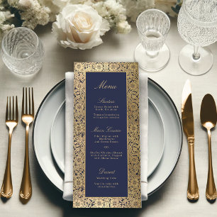 Menu Elegantes Rosas Douradas em Azul Naval Vintage Cas