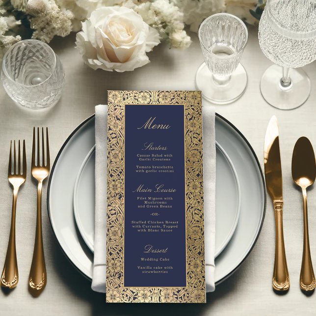 Menu Elegantes Rosas Douradas em Azul Naval Vintage Cas (Criador carregado)