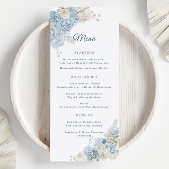 Menu Elegantes Rosas Florais Azuis para Casamento em Aq (Criador carregado)