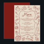 Menu em Estilo Italiano Desenhado à Mão Rústico Ve<br><div class="desc">Melhore o seu casamento com este cartão de menu ilustrado em vermelho rústico e creme. Com ícones de comida desenhados à mão e um design clássico, este cartão de menu personalizável adiciona um toque encantador ao seu dia especial. Perfeito para mostrar o seu menu cuidadosamente selecionado, este cartão é ao...</div>