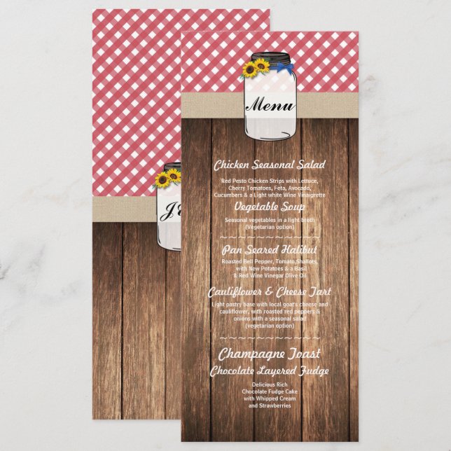 Menu em Jarro Casamento Recepção Girassol Xadrez V (Frente/Verso)