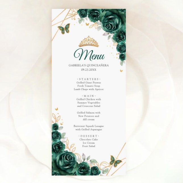 Menu Emerald Green Dourado Floral Quinceanera (Criador carregado)