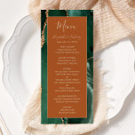 Menu Emerald Green Dourado Rust Wedment<br><div class="desc">Este elegante cardápio moderno de casamento apresenta uma cor verde esmeralda de água. O texto personalizável combina um script de manuscrito branco de cor dourada com fontes itálicas e em prato em um fundo laranja ou ferrugem queimado. O verso apresenta um design emerald verde e dourado.</div>