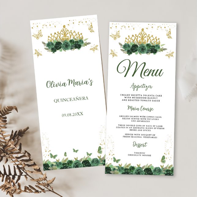 Menu Emerald Green Floral Tiara + Butterfly Quinceanera (Criador carregado)