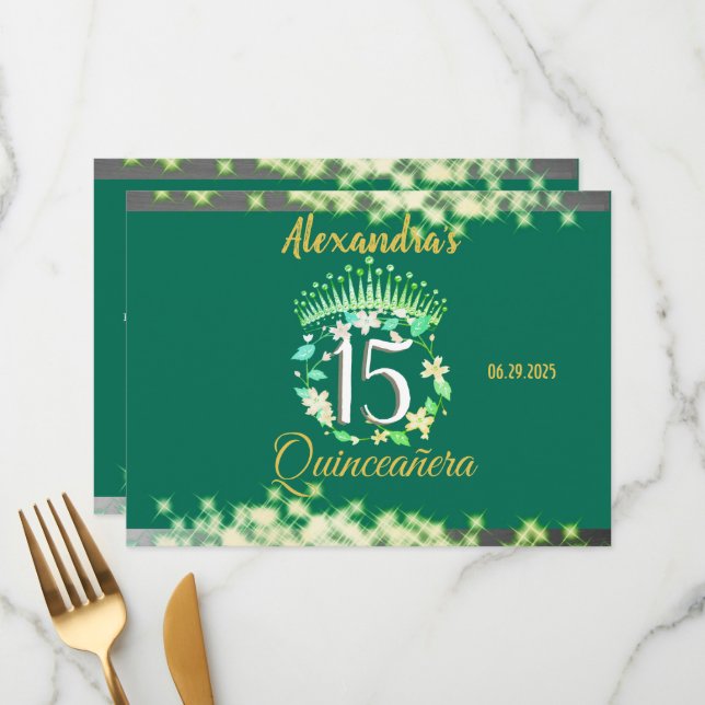 Menu Emerald Green Vintage Boho Quinceañera Espanhol (Frente/Verso In Situ)