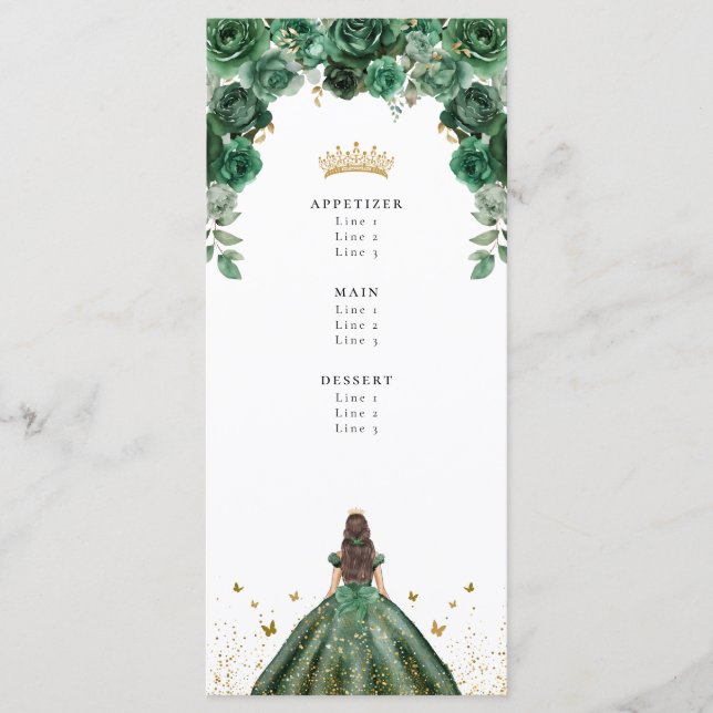 Menu Emerald Quinceañera Floral Faux Foil (Frente)