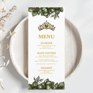 Menu Emerald Verde Tiara Floral Dourada Quinceañera