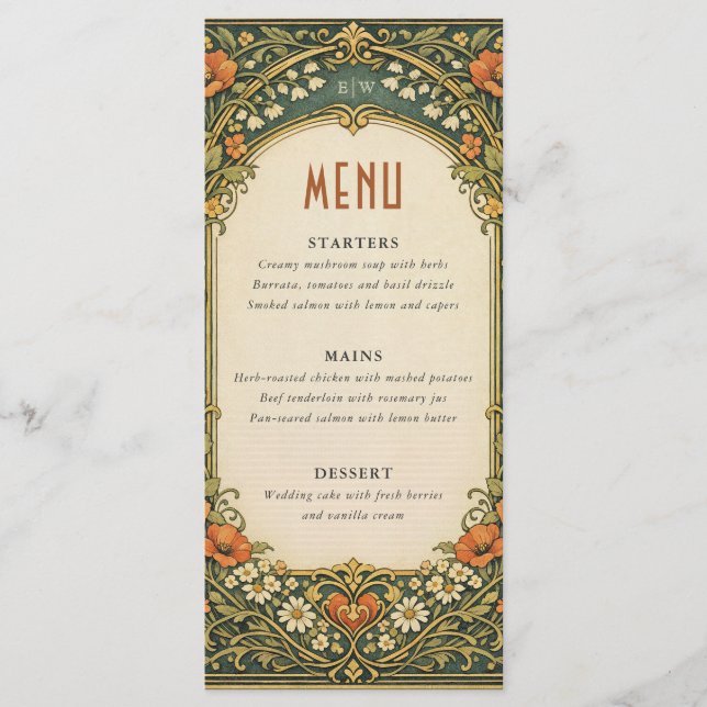 Menu Enchanted Forest Vintage Art Nouveau Wedding (Frente)